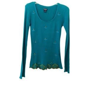 Lucky Brand Teal Thermal Beaded Long Sleeve Top Scalloped bottom Sz S